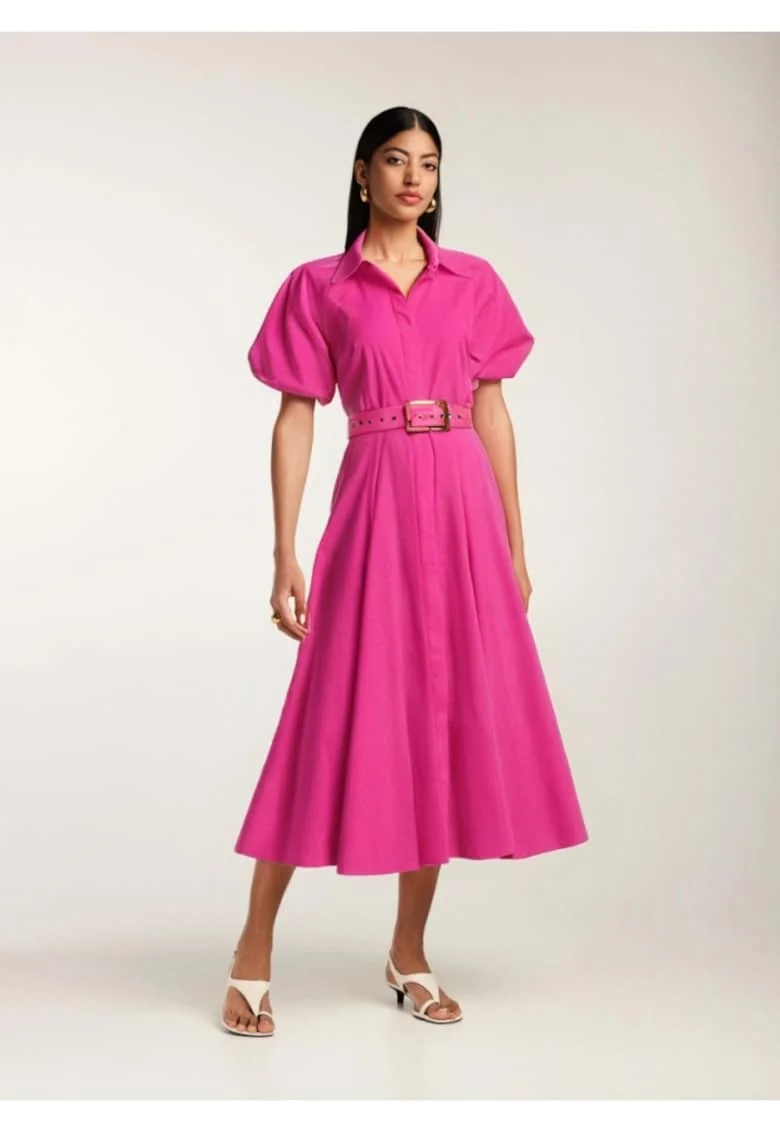 Rochie midi din bumbac tip camasa cu maneci scurte Oman