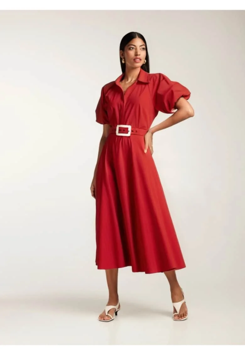 Rochie midi din bumbac tip camasa cu maneci scurte Oman