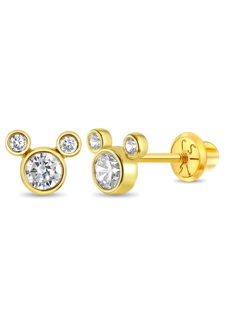 Мики Маус и кубичен цирконий 14K златни обеци - за деца - момичета