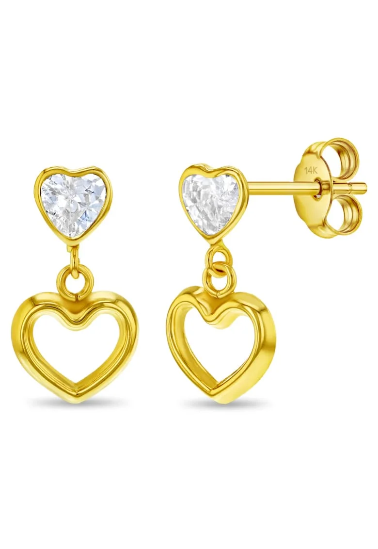 Обеци от 14К злато за модел Heart to Heart Dangle с CZ камък с