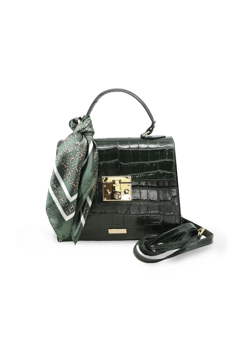 Serenata di Seta Leather Handbag With Mockcroc Design - Тъмнозелен - 20x24x10 см