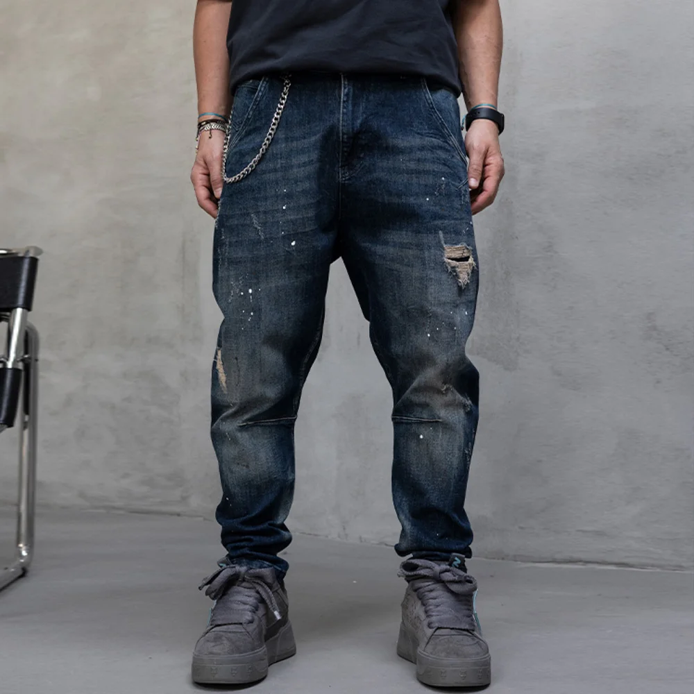 Мъжки дънки с накъсан ефект и артистични пръски боя, син цвят, Lux Denim, Ft8690