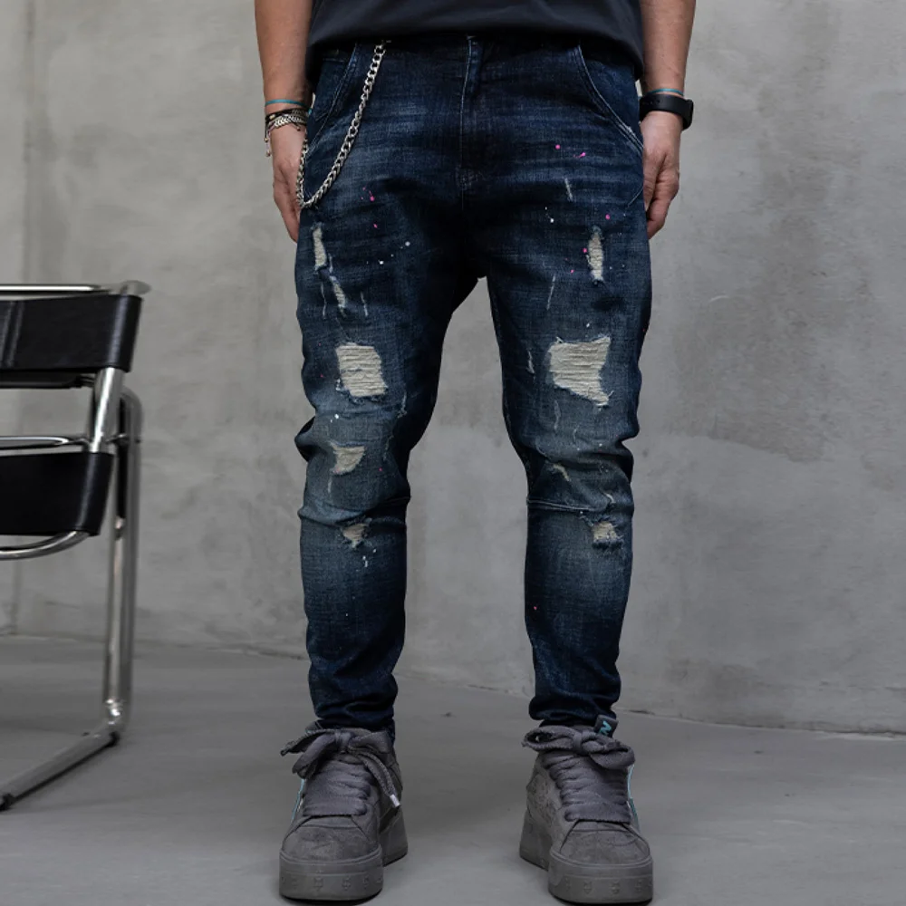 Мъжки дънки с накъсан ефект и артистични пръски боя, син цвят, Lux Denim, Ft8689