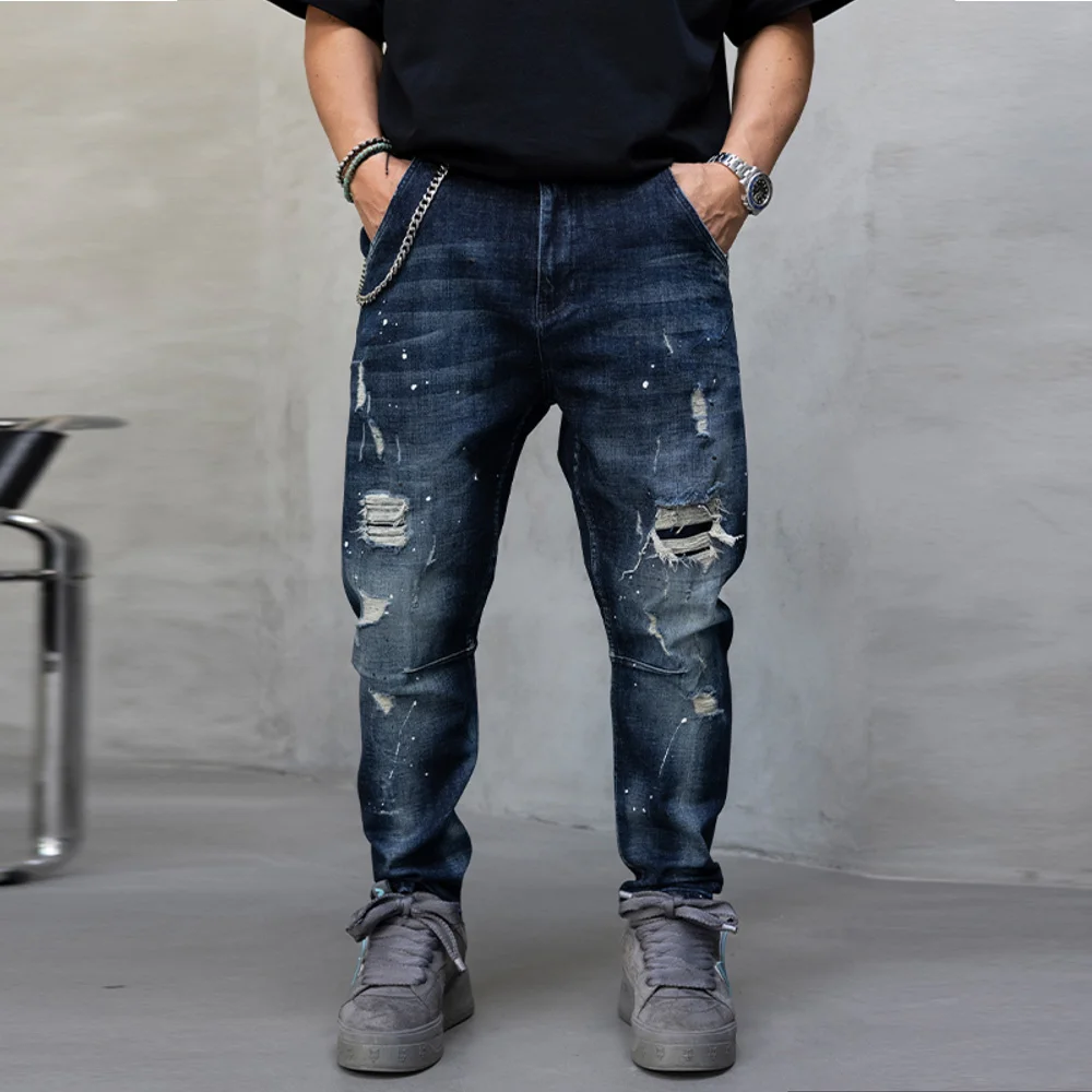 Мъжки дънки с накъсан ефект и артистични пръски боя, син цвят, Lux Denim, Ft8687