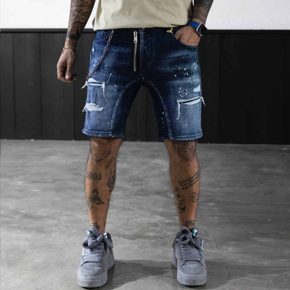 Мъжки къси дънки, напръскани с боя,  накъсан ефект, син, skinny fit,  Ft7663