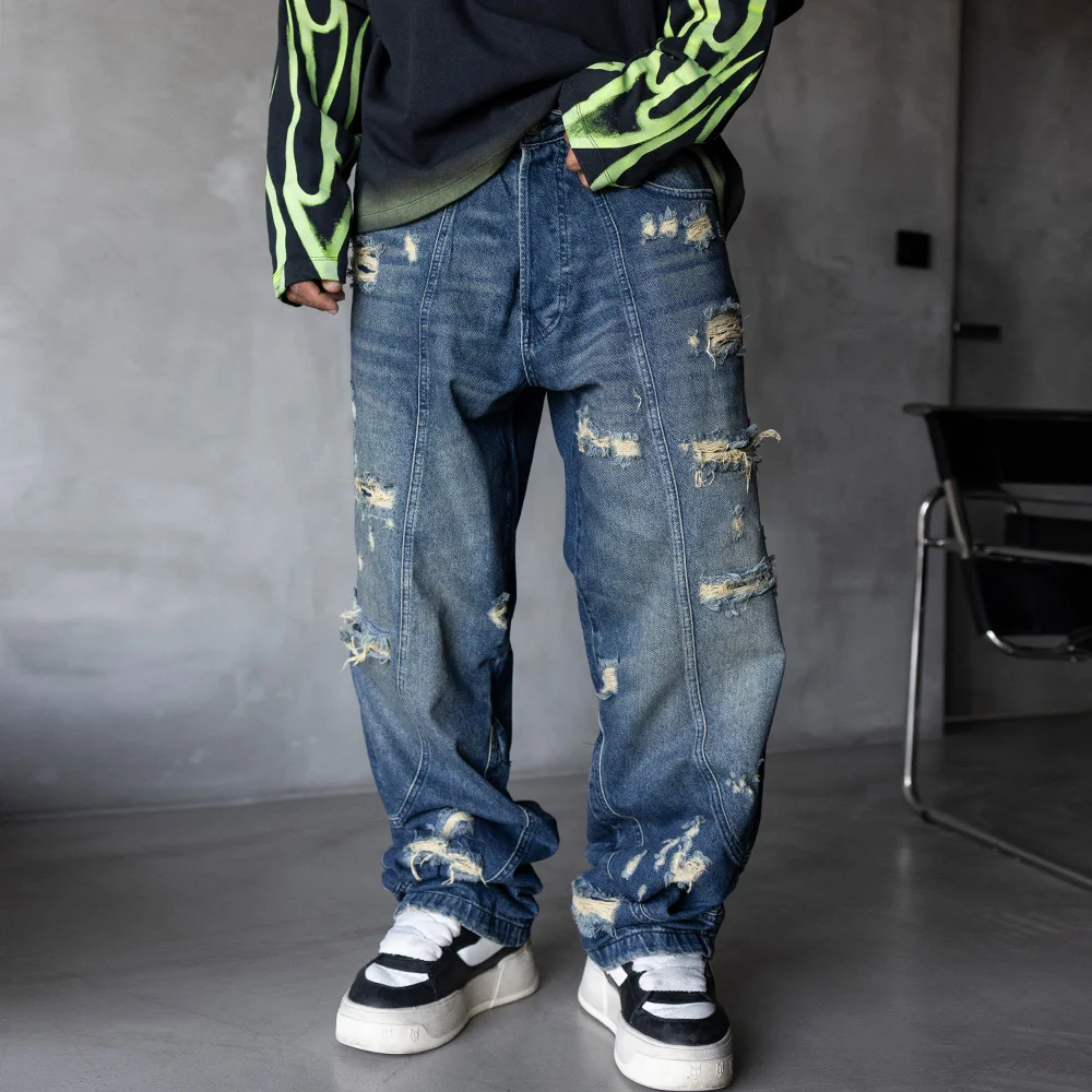 Мъжки сини дънки, накъсан ефект, Baggy Fit, Lux Denim, Ft8510