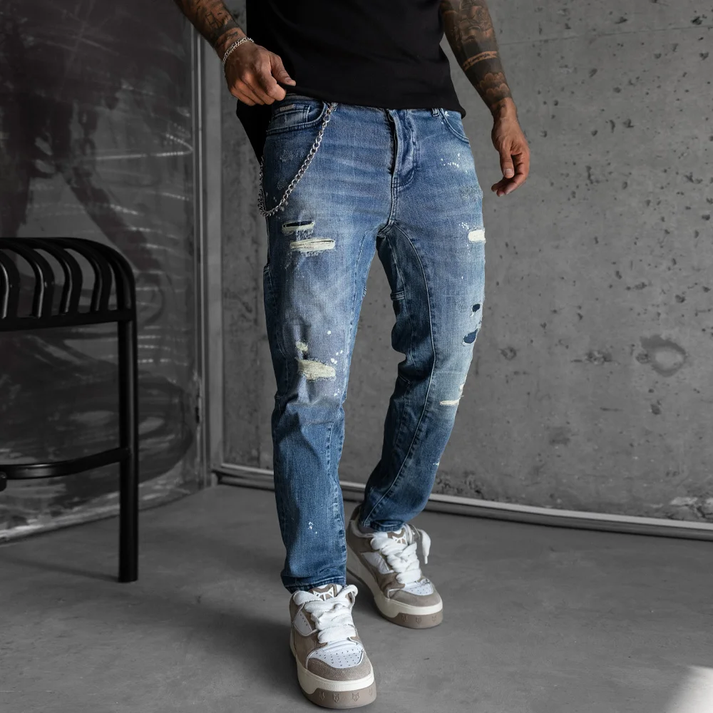 Мъжки сини дънки, накъсан ефект, пръски боя, slim fit, Ft8504