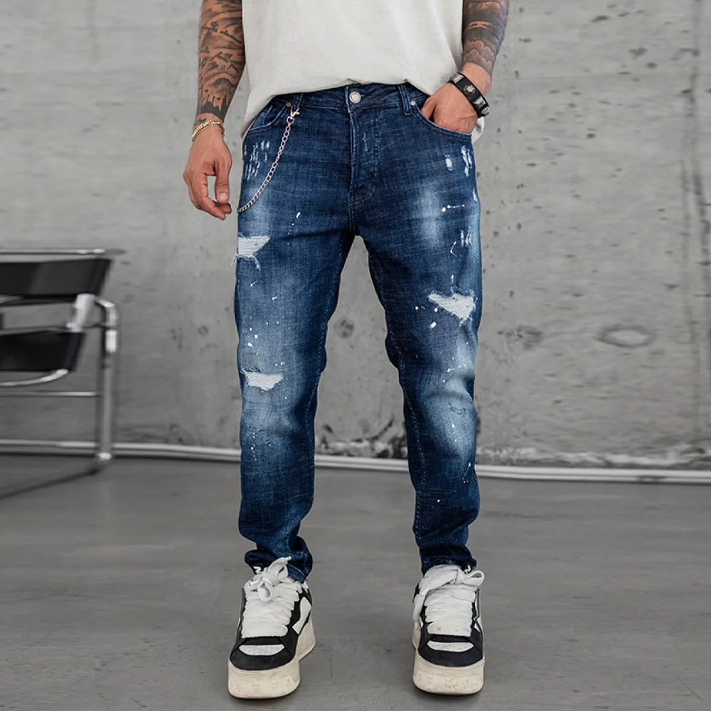 Мъжки сини дънки, накъсан ефект, slim fit, Ft8092