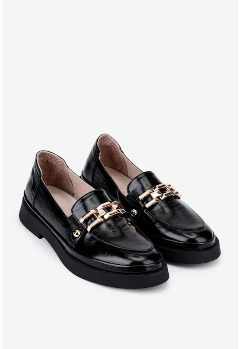 Mocasini dama negri din piele lacuita cu ornament