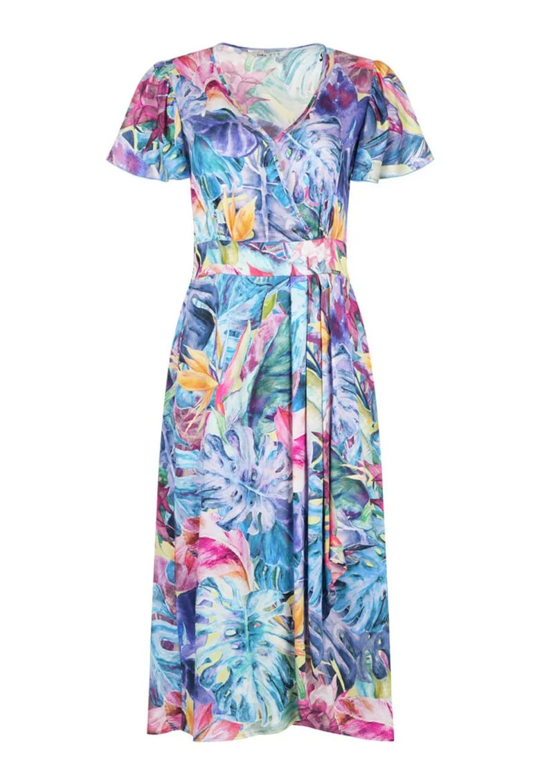 Rochie cu decolteu cache-coeur si imprimeu tropical