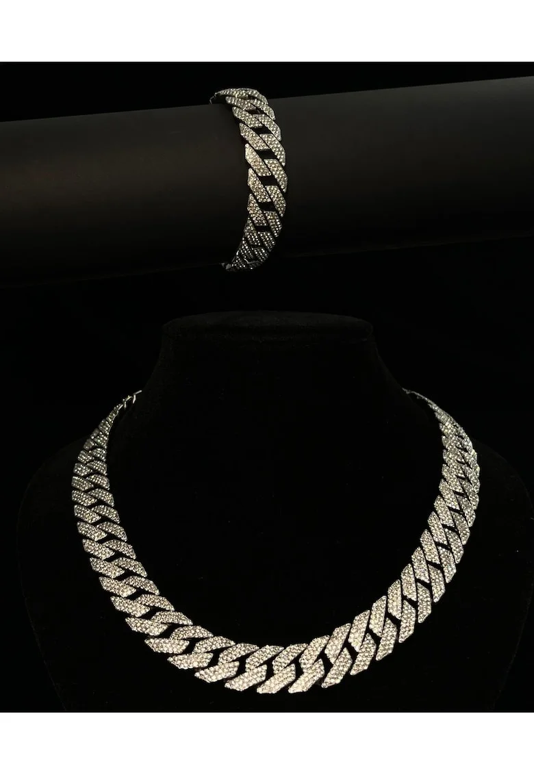Комплект колие и гривна Cuban Diamond -  14K бяло злато - размери 50x20cm