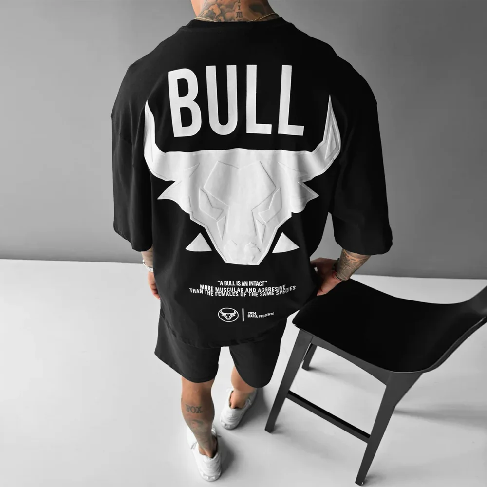 Мъжка черна тениска с бик, овърсайз модел, Bull, Ft8309