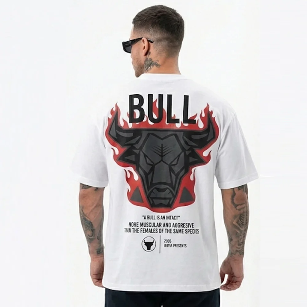 Мъжка Oversized Тениска BULL – Бял Streetwear Модел с Ефектен Гръб, Ft8739