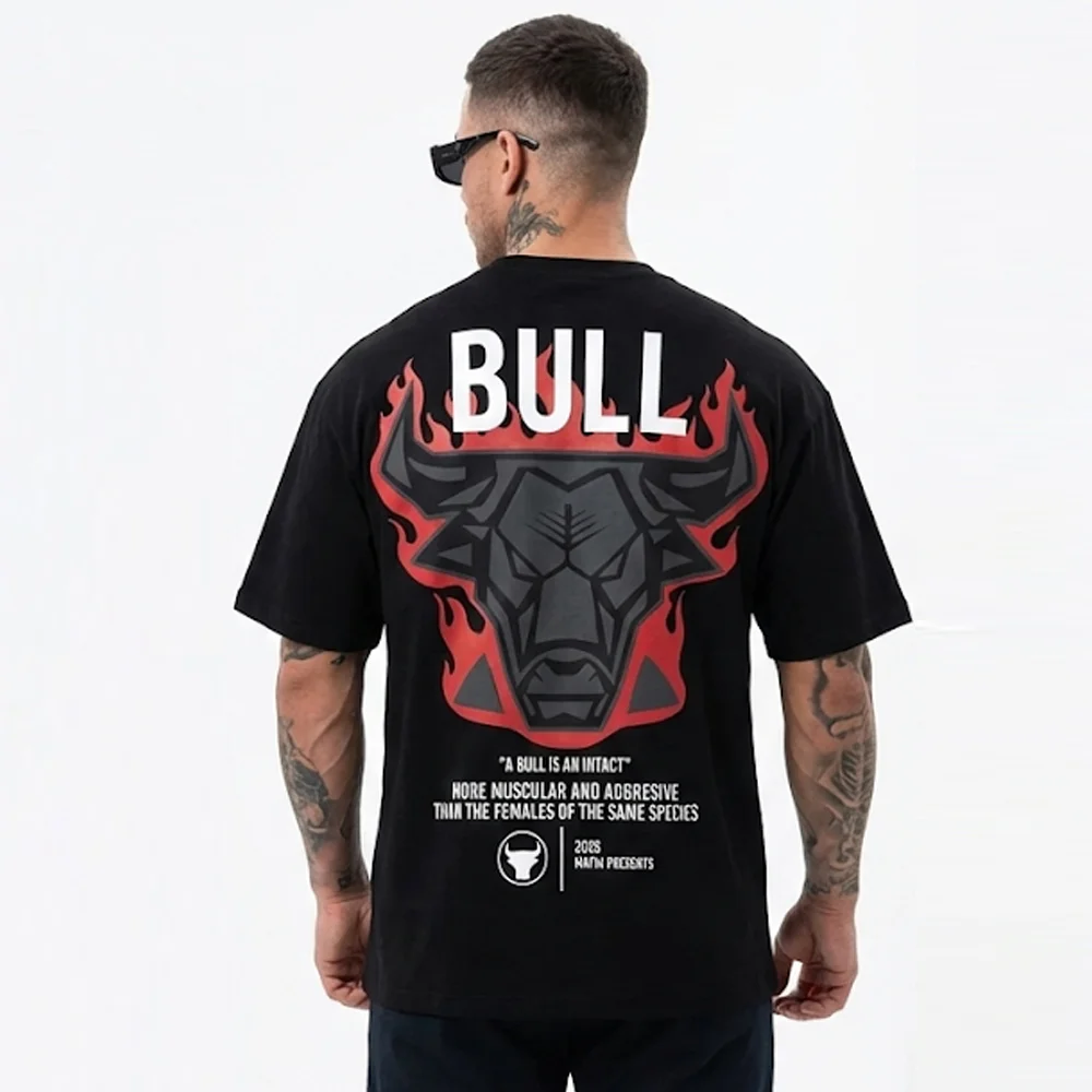 Мъжка Oversized Тениска BULL – Черен Streetwear Модел с Ефектен Гръб, Ft8738