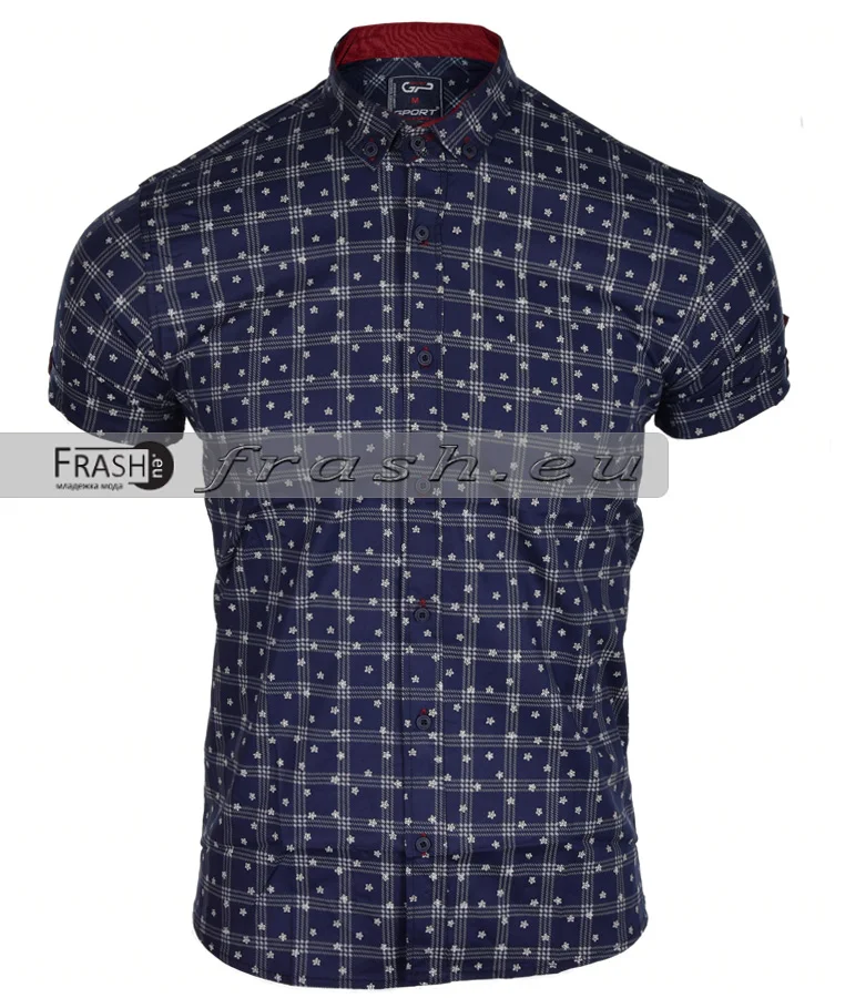 Мъжка синя риза къс ръкав slim fit Ft6193
