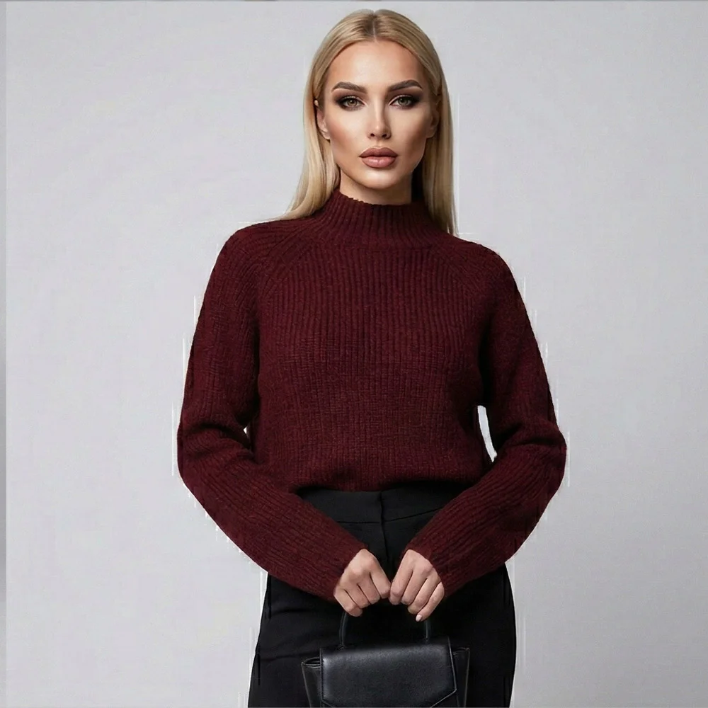 Скъсен плетен пуловер в цвят бордо crop top, Ft8056-1