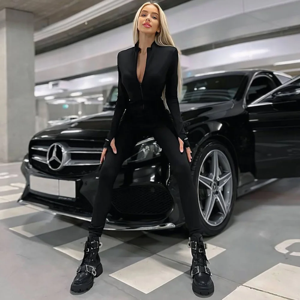 Спортен плътно прилепнал гащеризон, bodycon  jumpsuit, черен цвят, Ft8693