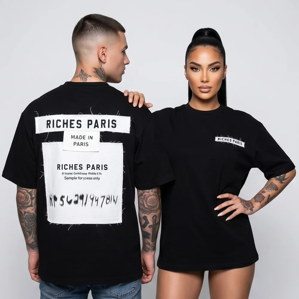 Унисекс черна овърсайз тениска с деконструиран гръб и щампа RICHES PARIS, Ft9071