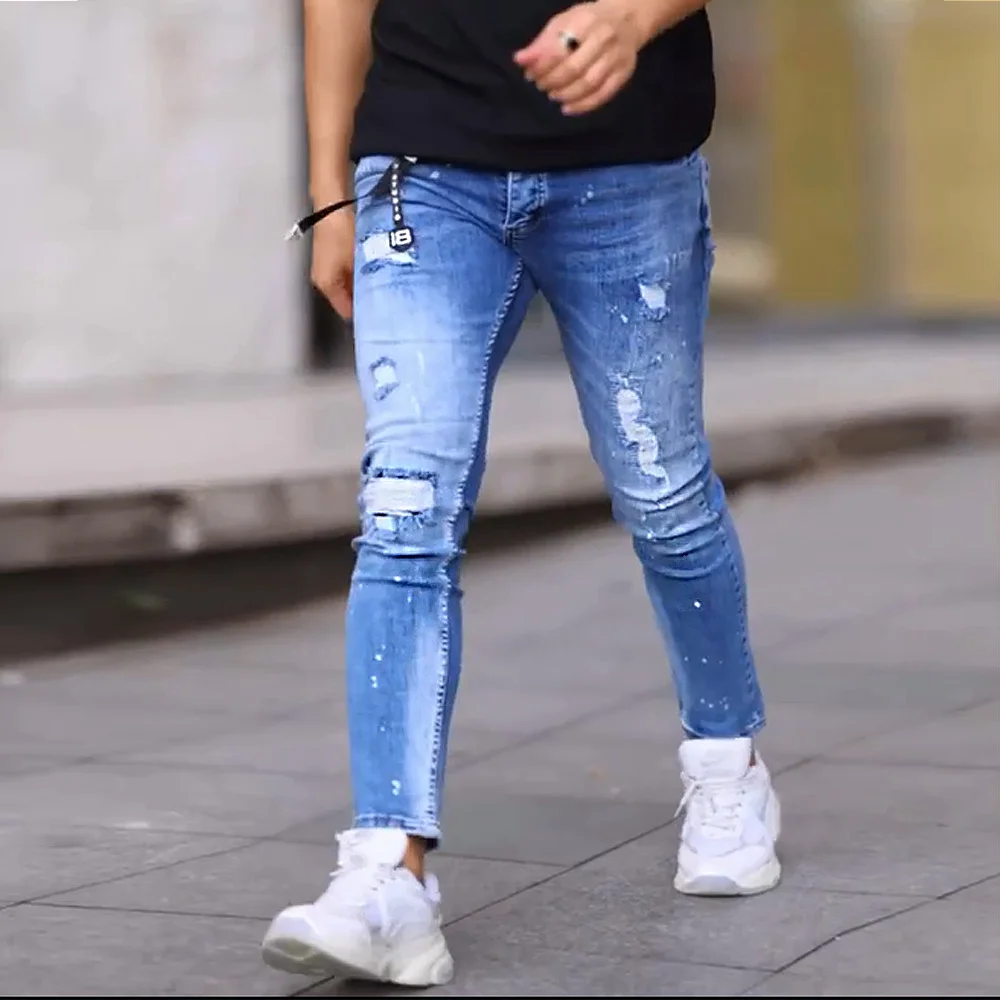 Мъжки дънки накъсан ефект сини напръскани с боя skinny fit  Ft6908