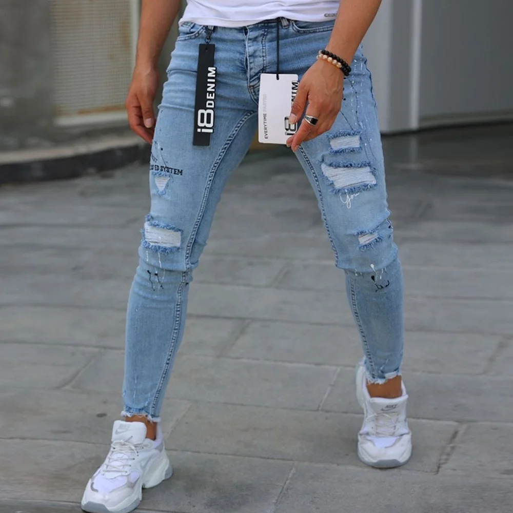 Мъжки дънки накъсан ефект свело сини skinny fit Ft6905