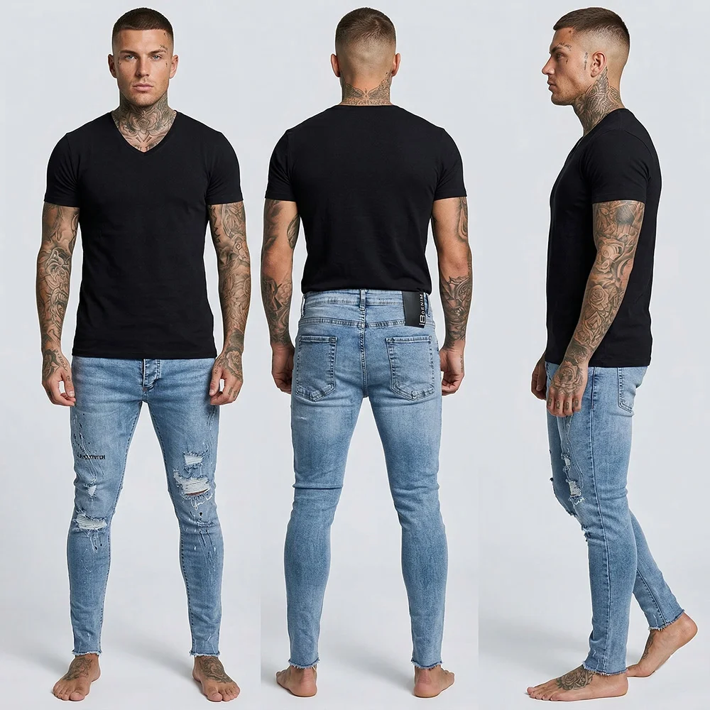 Мъжки дънки, свело сини,  накъсан ефект, напръскани с боя, skinny fit, Ft6857