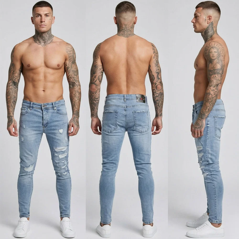 Мъжки дънки, свело сини,  накъсан ефект, skinny fit, Ft6862
