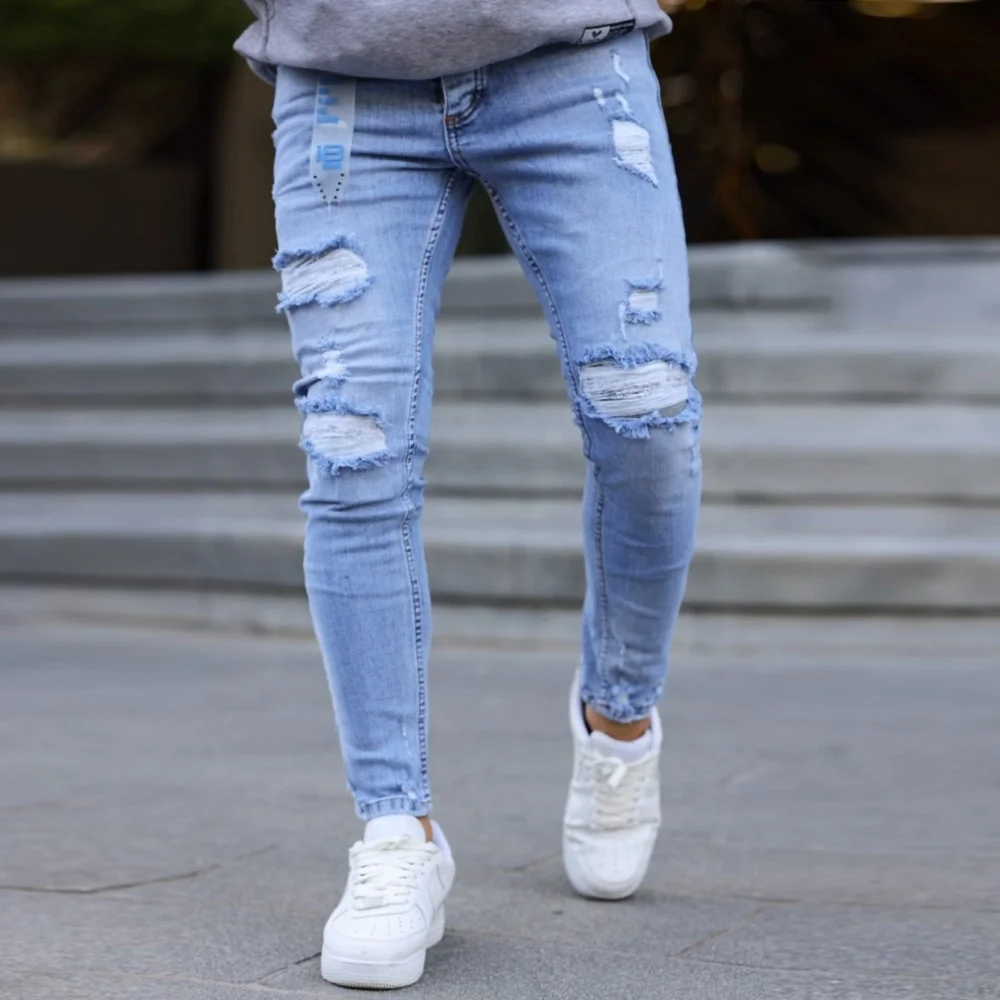 Мъжки дънки, свело сини, накъсан ефект, skinny fit, Ft6901