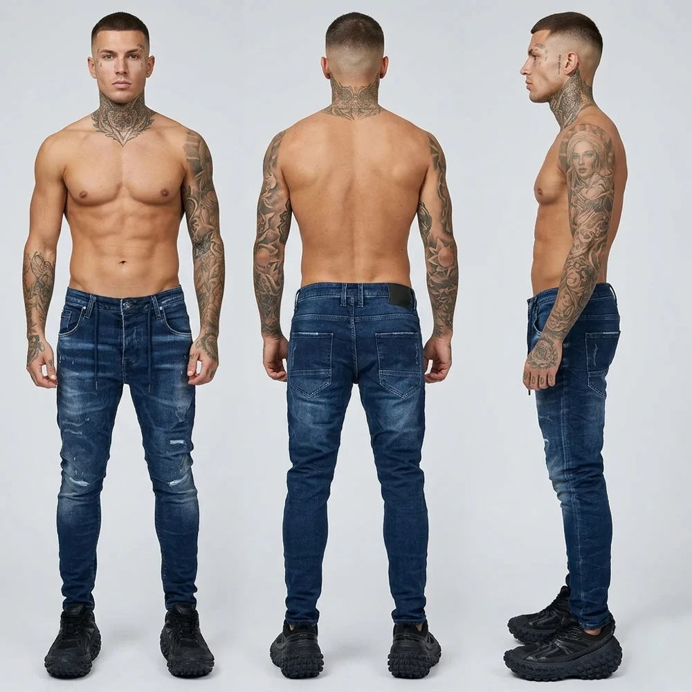 Мъжки дънки c накъсан ефект, син, slim fit Ft7510