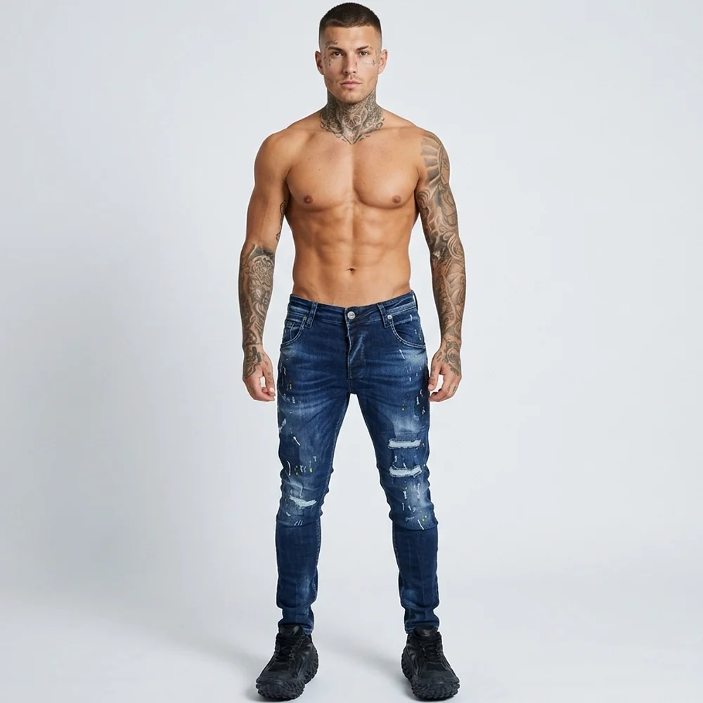Мъжки дънки сини накъсан ефект напръскани с боя slim fit Ft6856