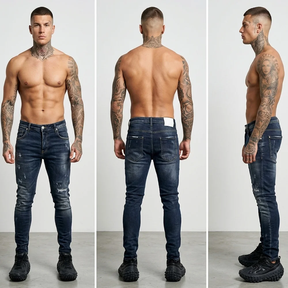 Сини мъжки дънки накъсан ефект напръскани с боя slim fit Ft6770