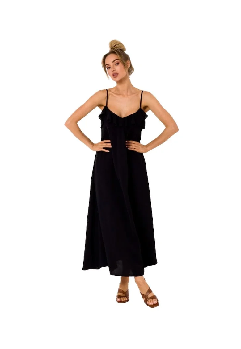Rochie midi evazata cu bretele subtiri si volane