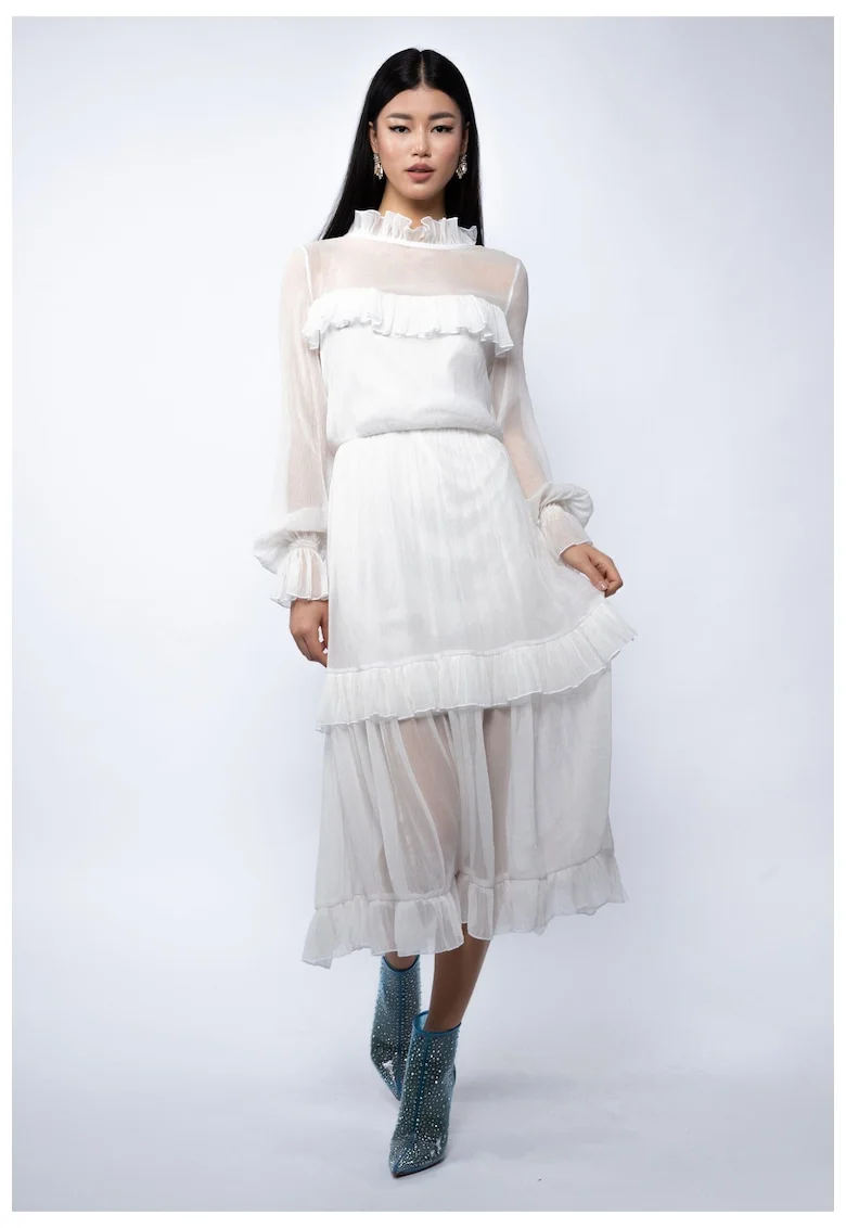 Rochie midi din voal de matase peliculizata cu volane delicate