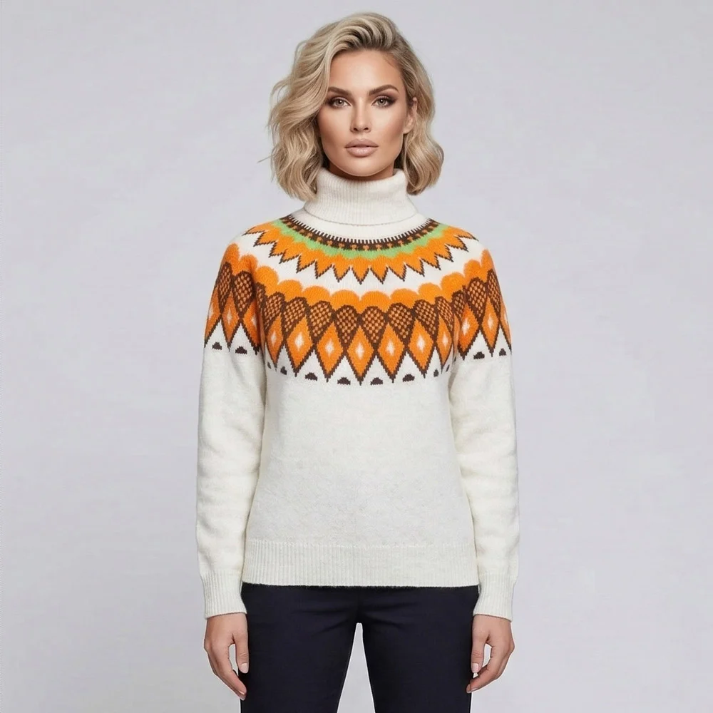 Стилна плетена поло яка с fair isle шарка,  Ft5981