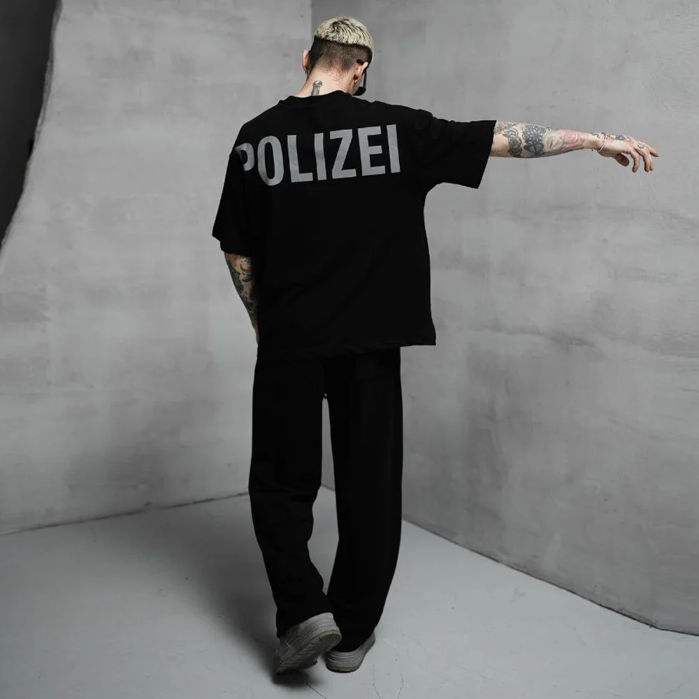 Мъжка тениска, овърсайз модел, Polizei щампа, цвят черен, Ft8174
